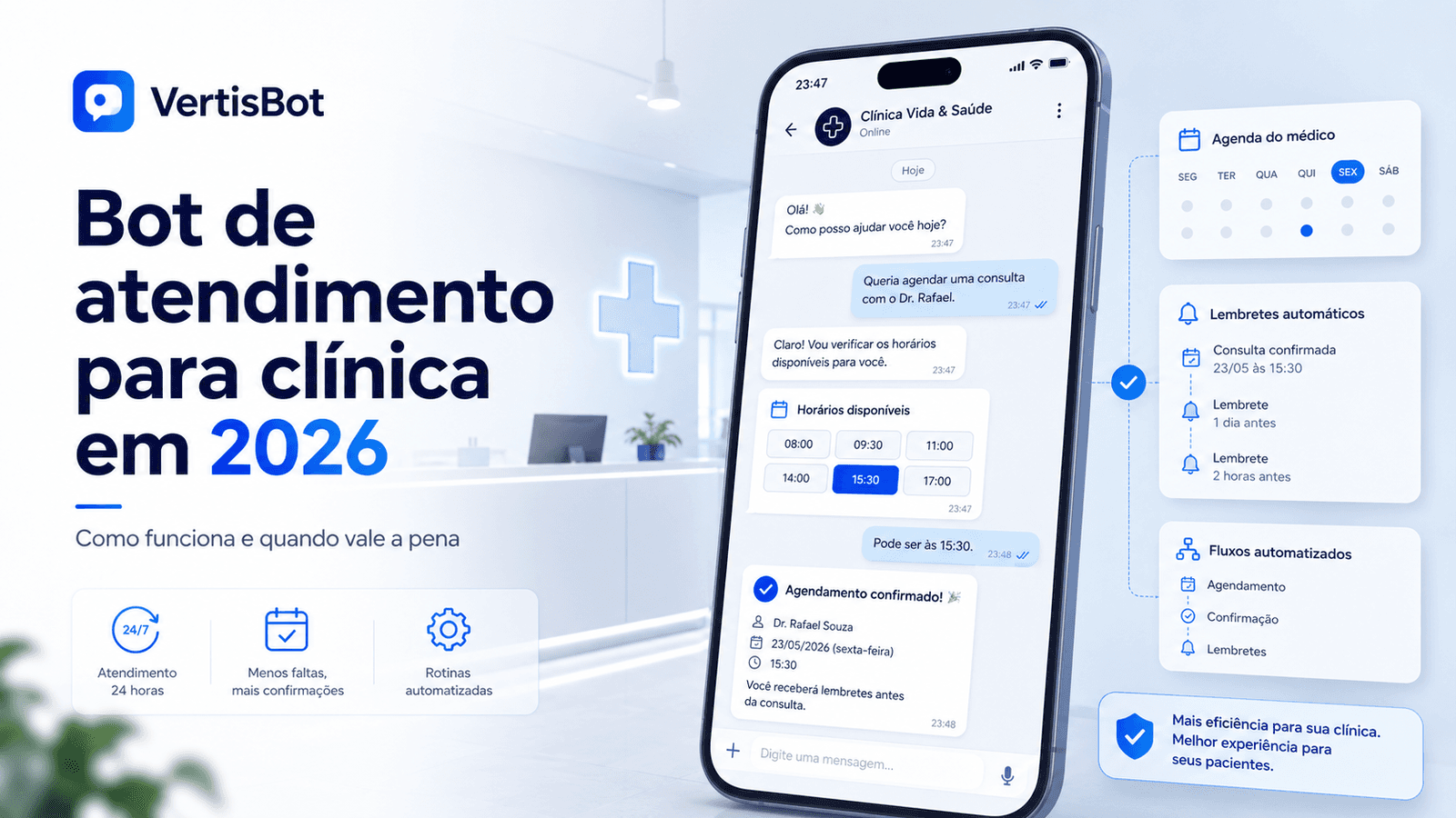 Bot de atendimento para clínica em 2026: como funciona (e quando vale a pena)